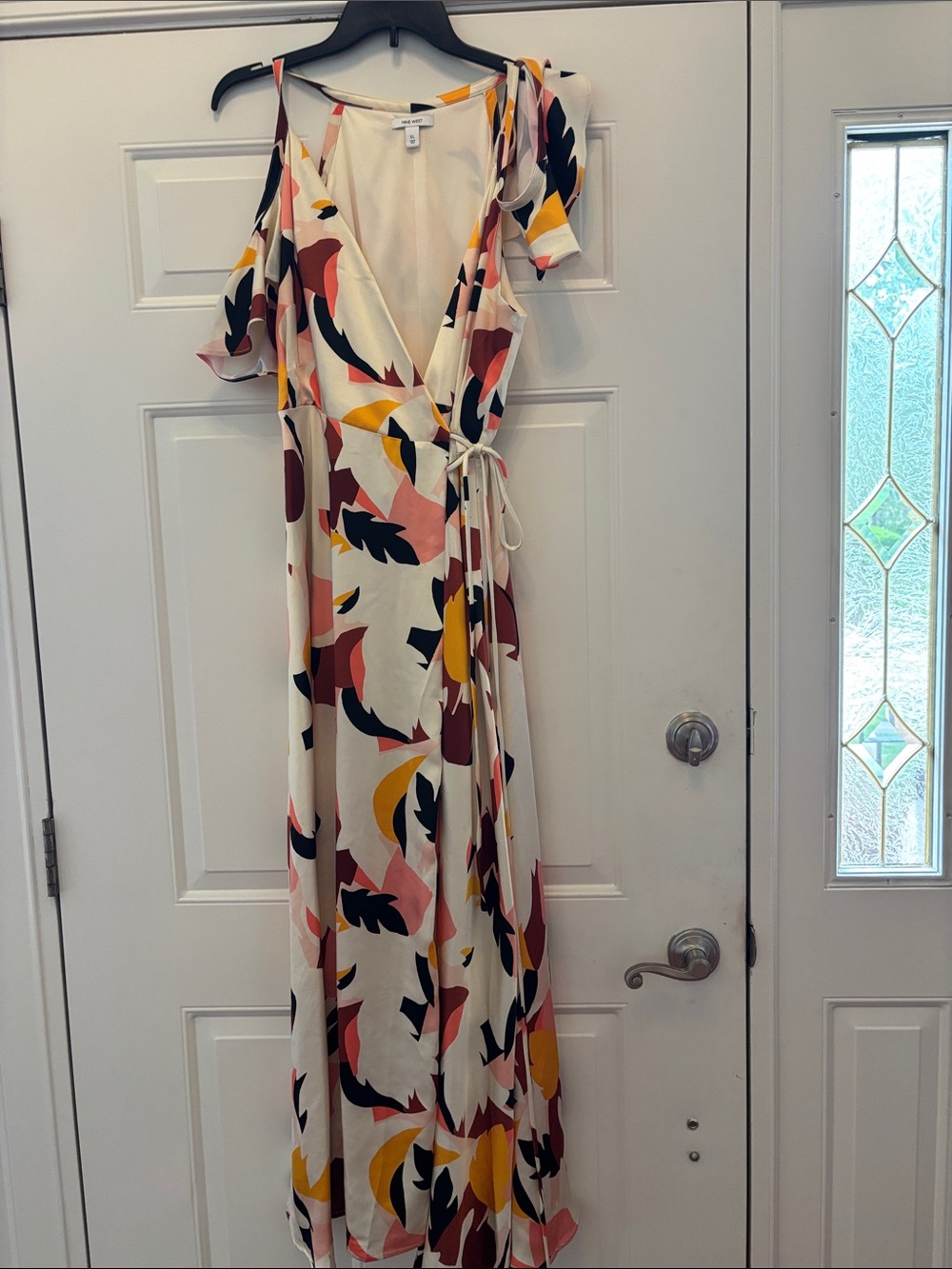Nine West Cream Wrap Maxi Dress with Pink, Mustard & Black Abstract Print